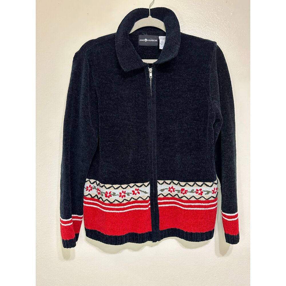 Sag Harbor Women's Chenille Type Full Front Zip Holiday Sweater, Size M